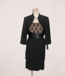  Black Tiered Lace Crepe Jeweled Cocktail Dress Jacket 18W  