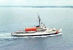 USCGC Edisto underway. Note the red, telescoping hangar for her 