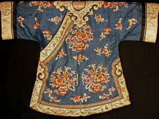   OLD QING DYNASTY SILK COURT ROBE HAND EMBROIDERED FLOWERS PEOPLE