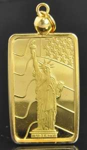   Fine Gold 5 Gram Statue of Liberty Swiss Bullion Bar Pendant  