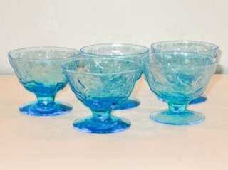 SET 5 Crinkle Glass Seneca Driftwood Casual PEACOCK BLUE Footed Bowls 