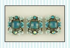 Hole Beads/Buttons #3 Aqua Flowers with Indicolite Swarovski Crystal 