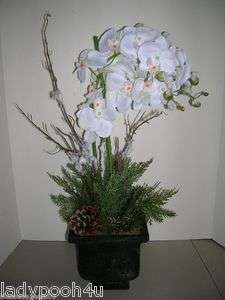 NEW 30 Frosted White Faux ORCHID w/Pine in Pot by Valerie Holiday 