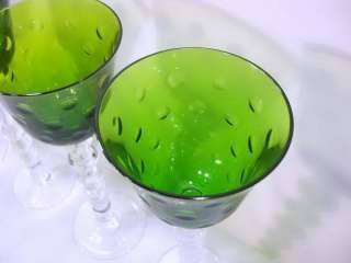   Crystal 4x Bubbles Green Hock Wine Glasses     France   Long Stem