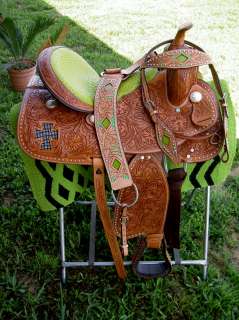 15 WESTERN HORSE LEATHER BARREL SHOW TRAIL SADDLE HEADSTALL TACK LIME 