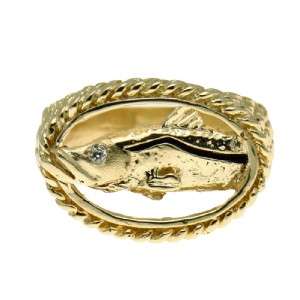 Mens Snook Fish 14K Gold Diamond Rope Setting Ring  