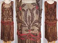 Art Deco Gold Lamé Brown Silk Red & Bronze Beaded Flapper Dress As Is 