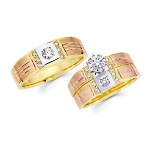 14K 3 Tri color Gold Round cut Diamond Men and Womens Engagement Ring 