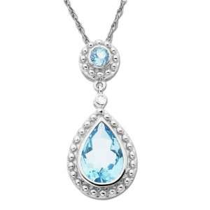  14k White Gold Blue Topaz and Diamond Drop Pendant, 18 Jewelry