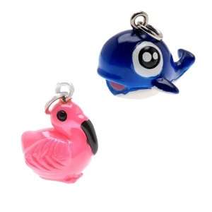   Painted Resin Blue Baby Whale and Hot Pink Flamingo Charms, Qty 1set