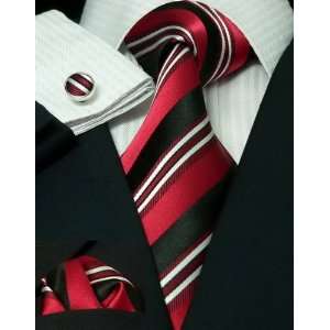   70F Black Red Stripes Mens Silk Tie Set Tie+Hanky+Cufflinks Exclusive