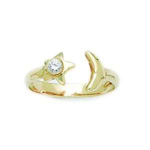 14k Yellow Gold CZ Top Adjustable Moon and Star Body Jewelry Toe Ring 