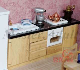   Miniature 112 Oak Kitchen Set 8 pcs Cabinet,Table,Chair,Fridge  