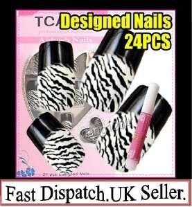 24PCS 3D DESIGN Nail Art Cool Pinto Fancy FULL Tips + Glue.