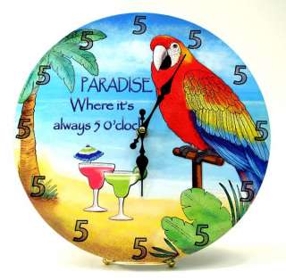 Paradise Wall Clock 5 oclock Parrot Margarita Beach  
