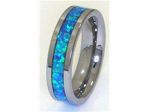    8mm Precious Opal Tungsten Carbide Ring with Blue Inlays