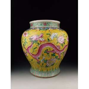  Glaze Porcelain Vase with Dragon and Flower Pattern, Chinese Antique 