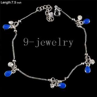 Blue Bead White CZ Silvery Anklet Ankle Bracelet TS0796  