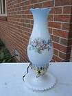 VINTAGE BLUE GLASS FLORAL SHADE & WHITE GLASS BASE