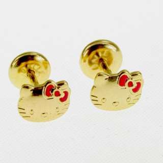 Gold 18k GF Pink Bow Earrings High Security Stud Hello Kitty Childs 