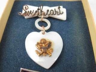 Vintage WWII SWEETHEART Army Eagle MOP Heart Pin w/Box Mother of Pearl 
