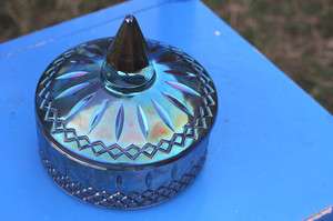 CARNIVAL GLASS BLUE COVERED CANDY DISH  