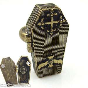 Goth Coffin Locket Vampire Bat Antique Brass Ring SZ 6  