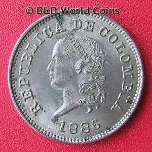 COLOMBIA 1886 5 CENTAVOS SHARP XF LARGE TOP 5 / 19.8mm  