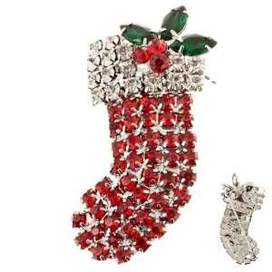Christmas Jewelry Red Socks Silver Tone Crystal Rhinestone Charm Pin 