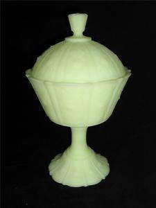 Fenton Satin Vaseline Pedestal Candy Dish With Cover  