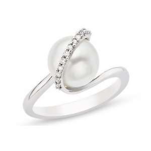    9 10mm Cultured Pearl and Diamond Sterling Silver Ring Jewelry