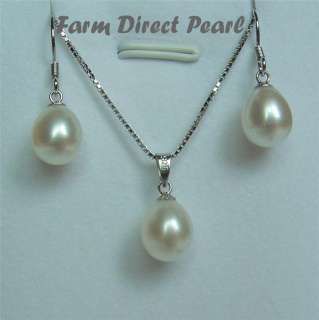 Freshwater White Drop Pearl Pendant Necklace SET Silver  