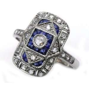  18k White Gold Art Deco Design Diamond and Sapphire Ring 