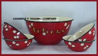 Enamelware Red Lg Popcorn Bowl Set w 4 Ind Bowls NEW  