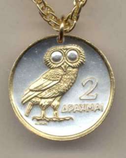 Gold on Silver Coin Greek 2 Drachma   Owl Necklace  