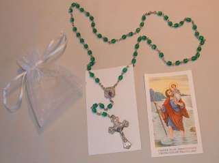 Rosary Green Glass St Christopher Card/Carry Pouch MINT  