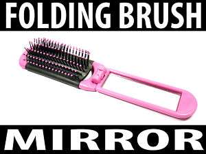 Pink & Black Travel Folding Hair Brush with Mirror 21cm  