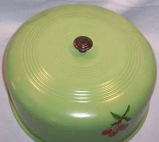 VINAGE ALUMINUM CAKE COVER~PAINTED GREEN~CHERRY DECALS  