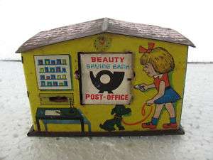 Old Litho Print Post Office Money Bank Tin Box  