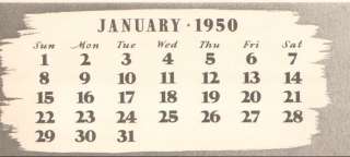page with full month calendar bottom left for january 1950