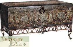 FLORA CARVED TRUNK Box Chest 37 Wood Metal Accent Scrolled Leaf and 