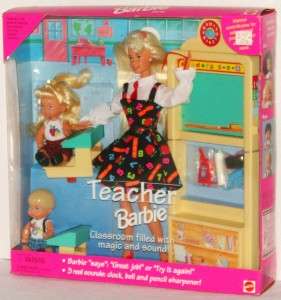 Old Teacher Barbie 2 Children Dolls 2 Desks Blackboard  