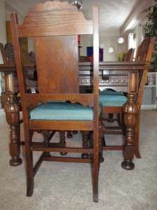 Antique Spanish Mission Draw Leaf Dining Table Set Chairs & Sideboard 
