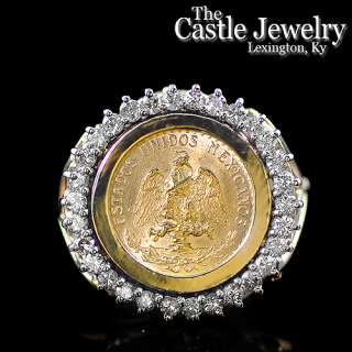   22 K Pesos Coin .50 CTTW Diamond Bezel 14 K Yellow Gold Ring  