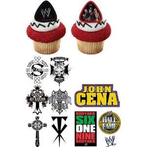 24 WWE Wrestling Cupcake Rings with 20 WWE Stickers and 