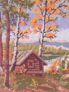 VTG. Needlepoint Picture,Landscape,Cabin by Lake,Signed  