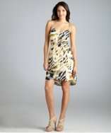 style #311806002 ivory tiger ikat silk smocked waist v neck slip dress