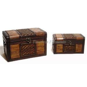    Set of 2, Wood Rattan Treasure Boxes Chests Trunks