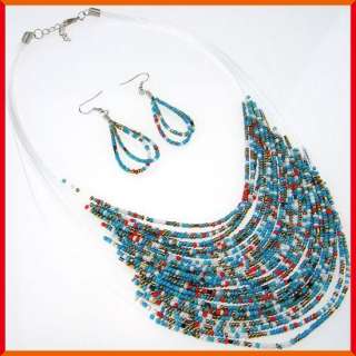 T317 Multi strand blue seed bead necklace earrings set  