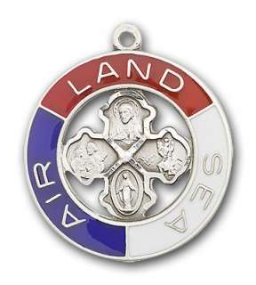 LRG Silver Land Air Sea Military Medal Pendant Necklace  